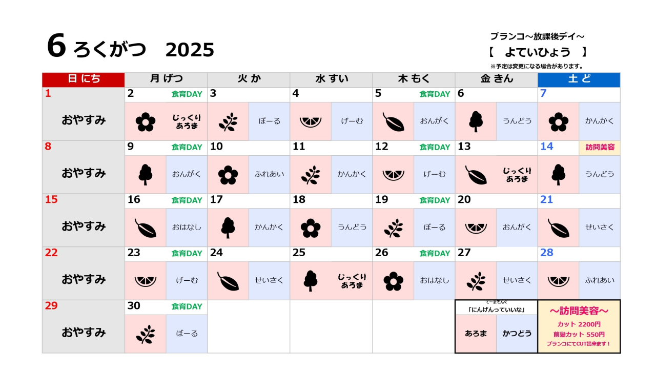 放課後デイ予定表～6月～